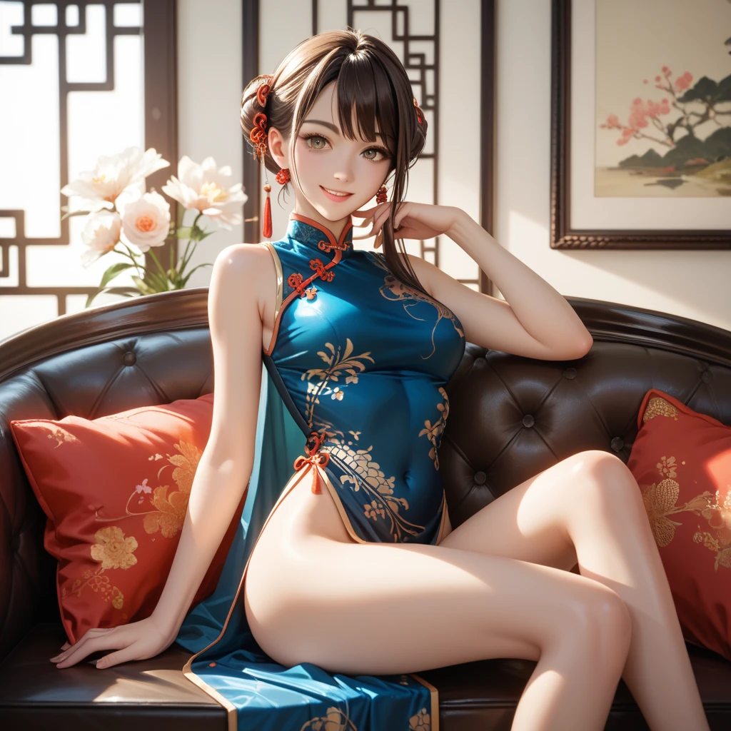 beautiful woman, wearing (tight silk qipao)   smiling,  masterpiece, best quality, (pov), reaching towards camera for hug, bob haircut, red hairband, large breasts