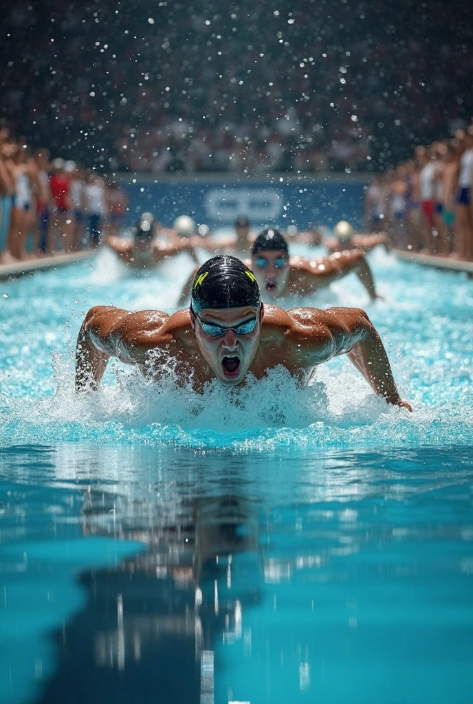 Design a poster for an event that provides a platform for the specially-abled to showcase their talents to the broader, more privileged society. In this show some Paralympic athletes playing swimming (show multiple players in one frame in portrait size)