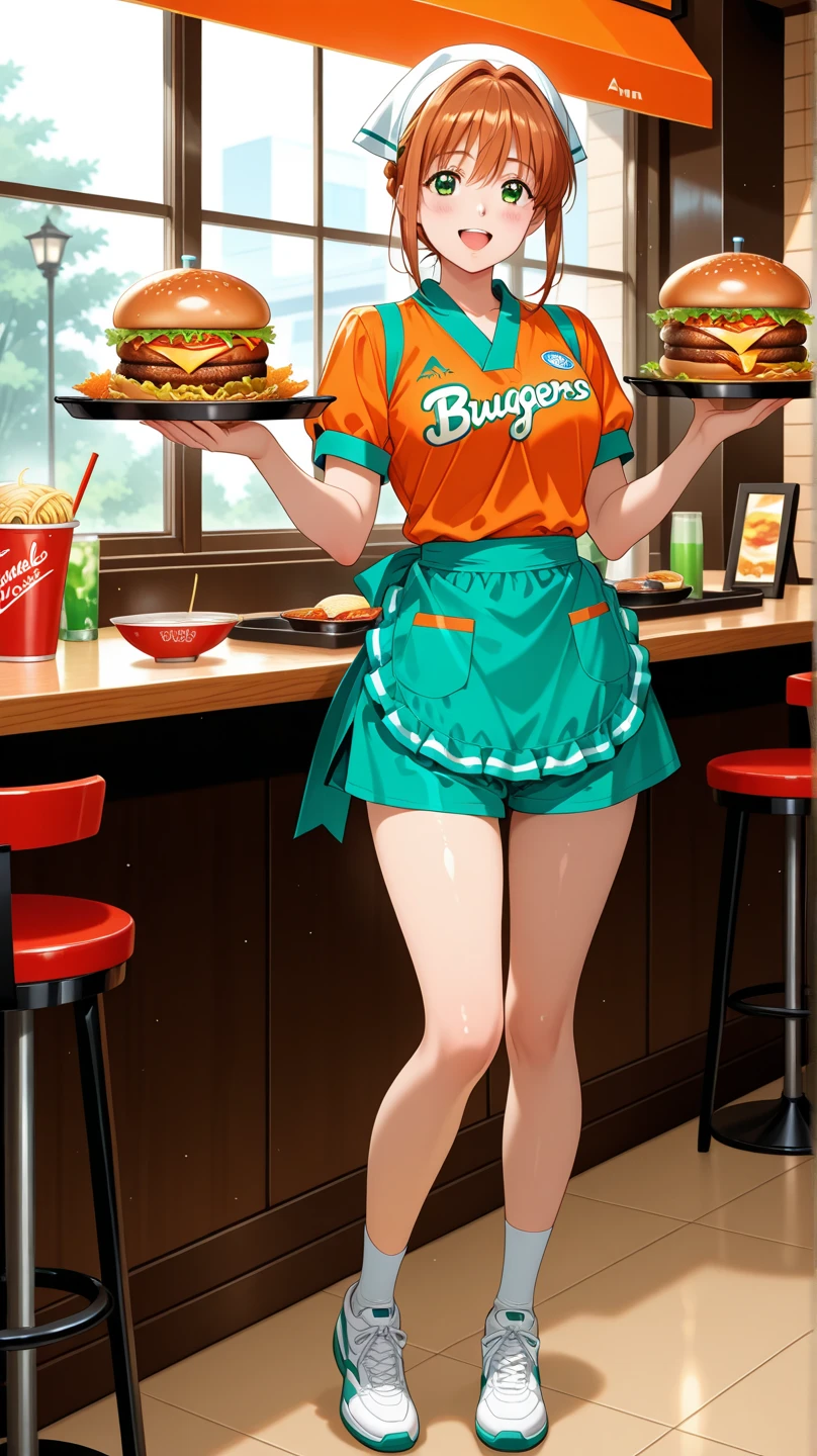 Animation-style illustration,
Future world,
A mix of a hamburger shop and a ramen shop.
The restaurant is dark and dilapidated.
Please make my dream lover, a girl dressed as an orange cat, an employee!
She doubles as a hamburger waitress and a ramen chef.
She serves burgers and ramen on a tray.
Full body,
Looking at viewer,
All the customers in the restaurant are female and wear basketball uniforms.