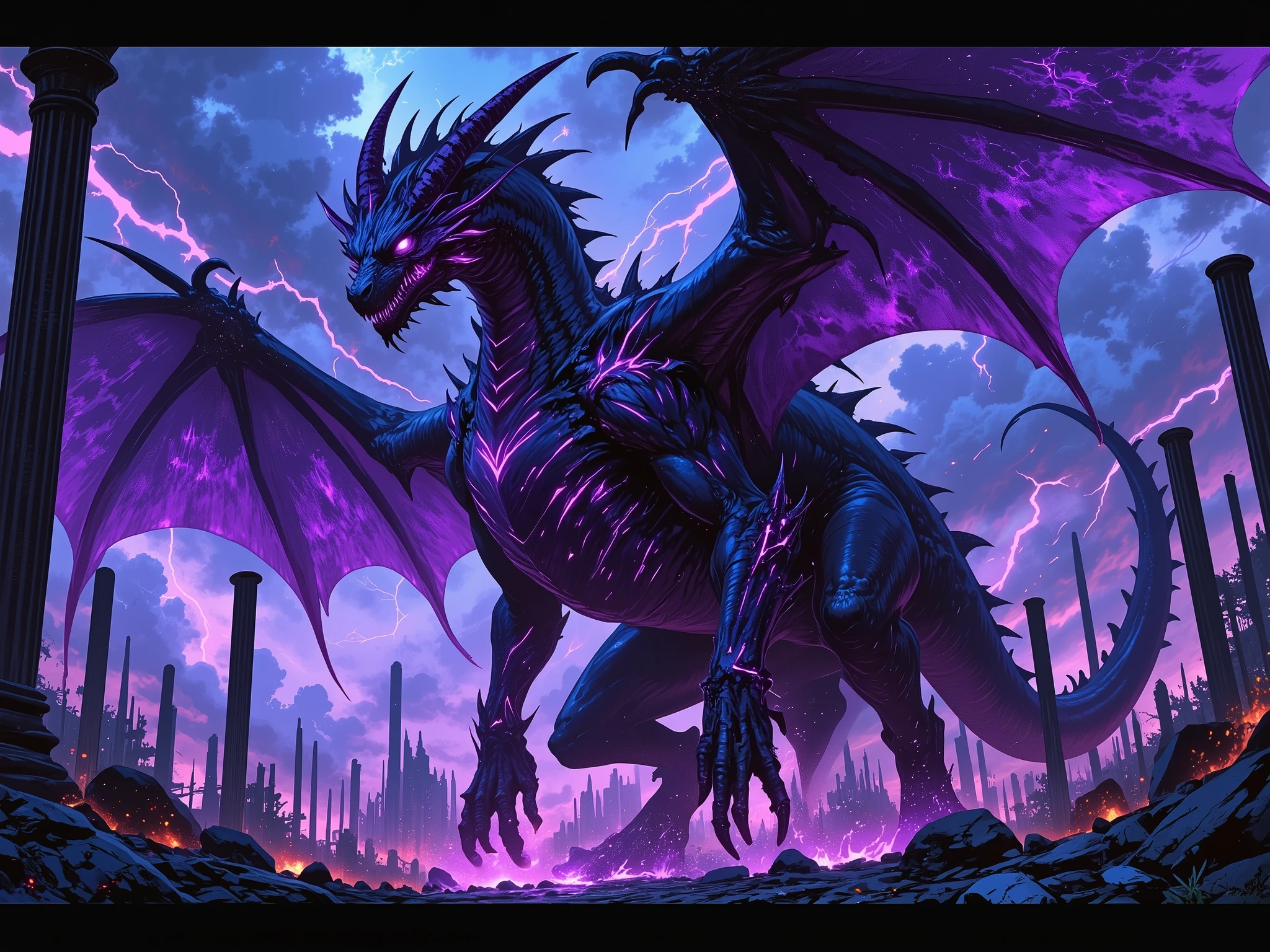 (( (anime style),(4k), (epic composition), (blacklight), (best quality), (masterpiece), (highres), (extremely detailed), (immersive background), (post-apocalyptic))). ((whimsical fantasy style, highly detailed, dark colors, dynamic posing, intricate designs, dramatic lighting, playful atmosphere, digital painting, masterpiece, best quality, inspired by food-themed adventures)). "A towering shadow dragon with sleek, obsidian-black scales fused with jagged, glowing violet crystals that pulse with chaotic energy. Its piercing spectral eyes burn with an ominous light, emitting faint streaks of violet. Jagged crystalline horns spiral from its skull, refracting the eerie glow around it. Tattered wings with shadow-like veins spread wide, trailing streams of darkness and corrupted energy. Its massive claws and tail are adorned with sharp crystalline protrusions, blending seamlessly into its corrupted form. The creature stands atop the ruined palace, surrounded by crumbling marble columns and fractured stone walls. The environment is drenched in shadows and violet light, the air swirling with faint tendrils of necrotic smoke and glowing embers. The sky churns with dense, stormy clouds veined with purple lightning, casting dramatic, angular shadows. A miasma of dark energy distorts the scene, enhancing the dragon's terrifying presence."