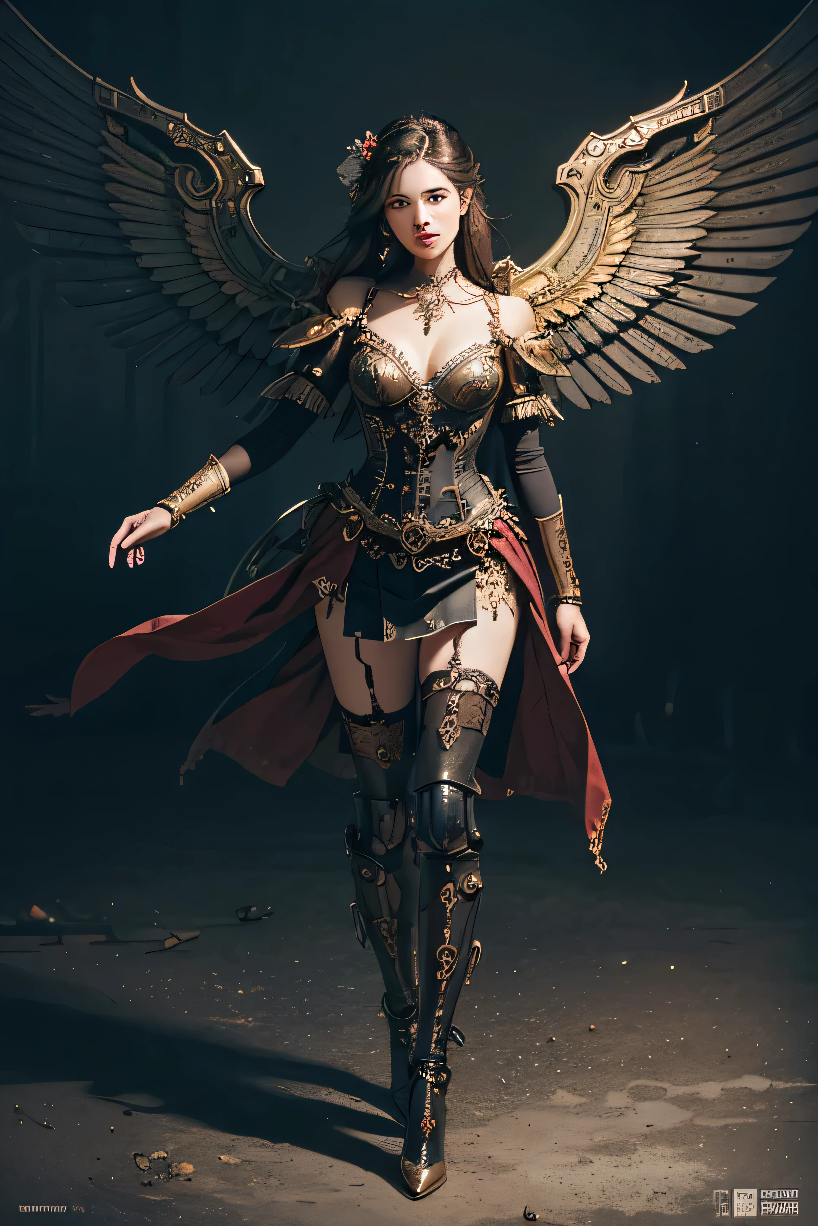 (Best quality,4K,A high resolution,Masterpiece:1.2),Ultra-detailed,(Realistic:1.37) Girl with mechanical parts, fullbody view in image, steampunk wind,Delicate clockwork details,Brass gears and gears,Beautiful and intricate design,(Mechanical wings),Glowing eyes and glowing tattoos,Colorful metal corsets and skirts,Elegant and elegant gesture,Industrial background with smoky atmosphere,Soft warm lighting,Vintage color palette,The human body and mechanical elements are perfectly integrated