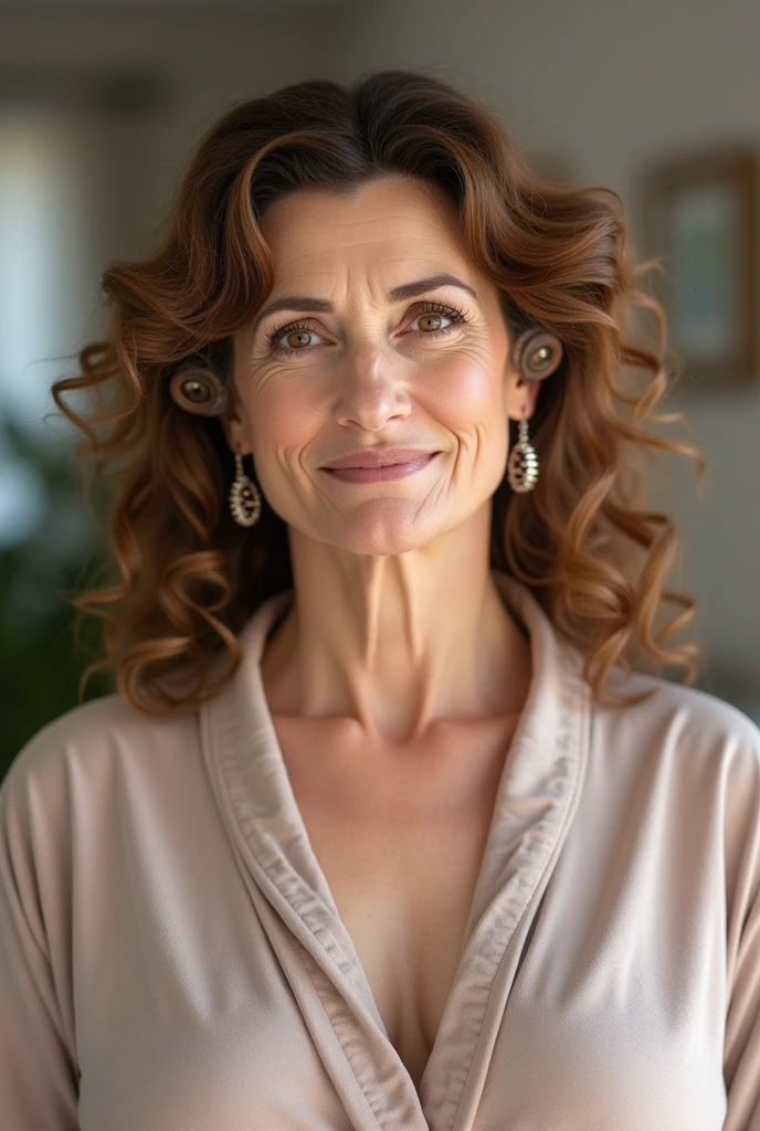 Beautiful elderly woman, cute,sexy,55 years old,,sexy, old woman,Big saggy  Breasts, one piece thing cotton stretchy yellow clothing, Curly Hair, plain grey background