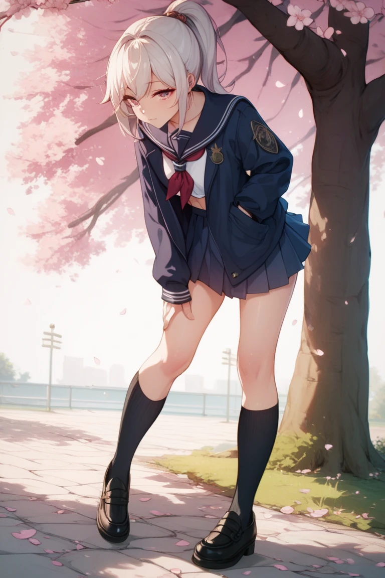 (8k, RAW Photos, 最high quality, masterpiece:1.2), high qualityのRAWカラー写真, Professional photo shoot, Cinematic Light, alone, (((young woman, Gal))), (Sharp features), (Small face), (Skin with attention to detail:1.2), clavicle, Cute Face, Beautiful appearance, Long eyelashes,Girl Turning Around, smile, (Black Hair, Long straight line), high school student, Red tie, High School Uniform:1.2, Black jacket, Open jacket, Jacket cuff buttons, White shirt, Check skirt, Night Park, Birds chirping, Confident attitude, Capture the happy moment, Artistic painting,Attractive thighs, loose socks:1.2, sneakers:1.2, (Very fine touch:1.2), (はにかんだsmile), Peaceful atmosphere, Oil painting style, Bright colors, (Are standing:1.5, lean on a tree, Full body portrait), Smooth texture, Gazing Eyes, Beautiful Skin, Shiny skin, ((Perfect Fingers, Five Fingers, Anatomically correct)), Background Blur, high quality, Surreal, ((Very detailed, photo shoot)),(Skirt flip、I can see her panties),,(((Skirt Lift、Sexy panties visible)))、