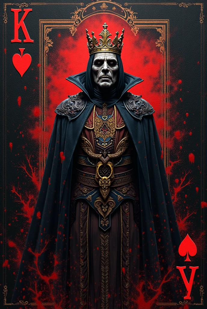 Draw a skull centered within a playing card, with black borders and golden letters. The skull is surrounded by red gargoyles, all in a gothic and sinister style. The background of the card is white, emphasizing the dark and eerie details of the scene.