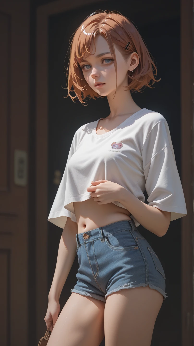 (micro cute white girl:1.5),(Fictional future high technology civilization:1.4),(big beautiful boobs:1.4) ,(shiny skin:1.4),(messy short glossy red hair:1.3),(bangs:1.1)
(smile :1.2),(beautiful body:1.5),(black velvet shorts :1.3),(plain big white cotton T-shirt:1.5),
