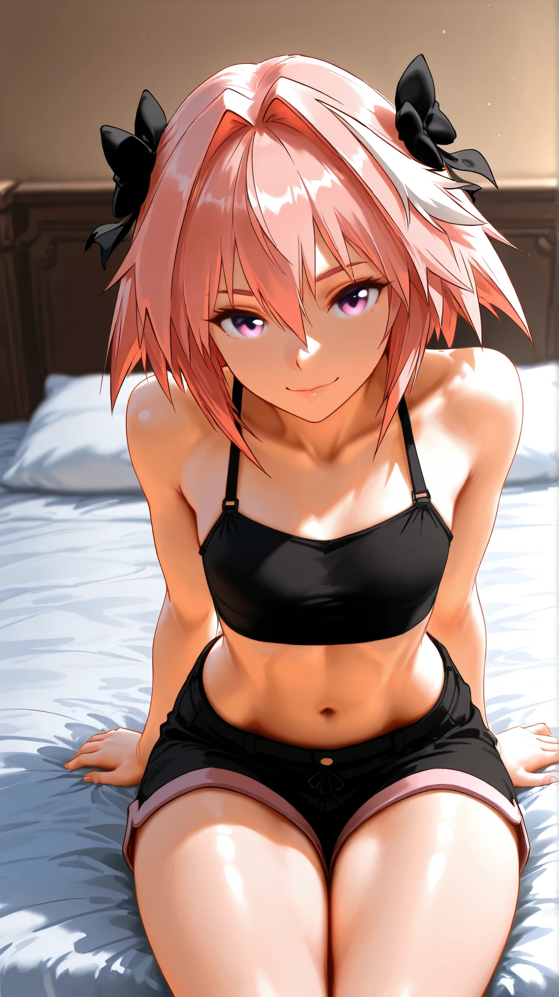 1girl, obra-prima, Best quality, incredible quality, Astolfo, cabelo rosa, bra-top, looking at the viewer, looking at the viewer, sitting on the bed, shorts, no quarto,