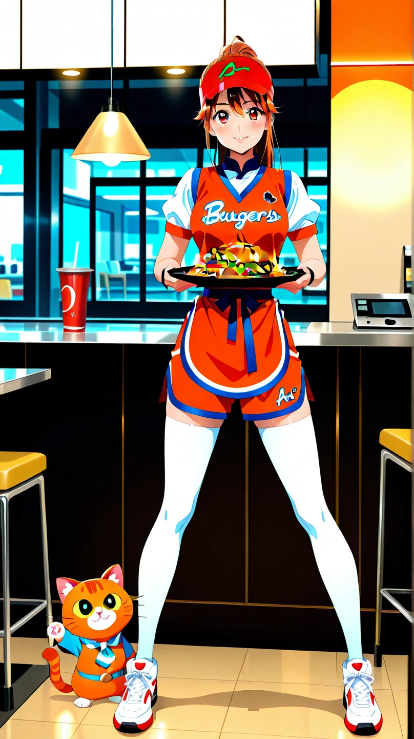Animation-style illustration,
Future world,
A mix of a hamburger shop and a ramen shop.
The restaurant is dark and dilapidated.
Please make my dream lover, a girl dressed as an orange cat, an employee!
She doubles as a hamburger waitress and a ramen chef.
She serves burgers and ramen on a tray.
Full body,
Looking at viewer,
All the customers in the restaurant are female and wear basketball uniforms.
