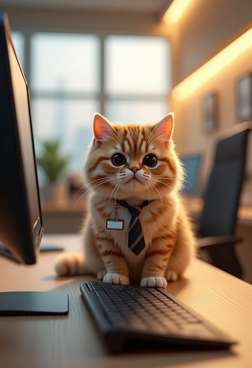 A cute office cat sitting on a desk, wearing a tiny tie and ID badge. The cat is a fluffy Scottish Fold with big round eyes, looking curiously at a computer screen. The modern office has a clean, minimalist design with soft lighting. The cat's fur is well-groomed, and its tiny paws rest on a keyboard. High detail, photorealistic, warm and inviting atmosphere.