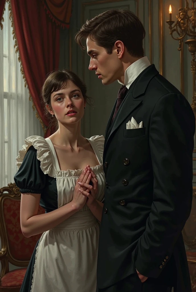 young woman comforting a young man in Victorian times