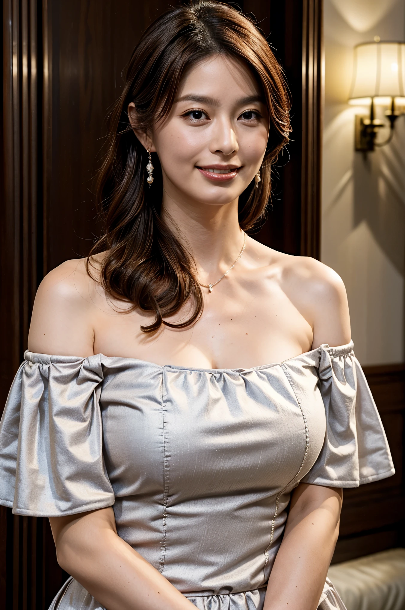 nsfw, (realistic, photo-realistic:1.2), (best quality, masterpiece), RAW photo, high resolution, intricate details, extremely detailed, sharp focus, looking at the camera, bust shot, solo, 1girl, a Japanese mature woman, huge breasts, dark hair, detailed face, detailed eyes, sophisticated nose, pale skin, smile, teeth, (strapless off-shoulder revealing formal dress, breasts grab:1.5), earrings, necklace, jewelry, photo background, indoors, luxury hotel lobby,