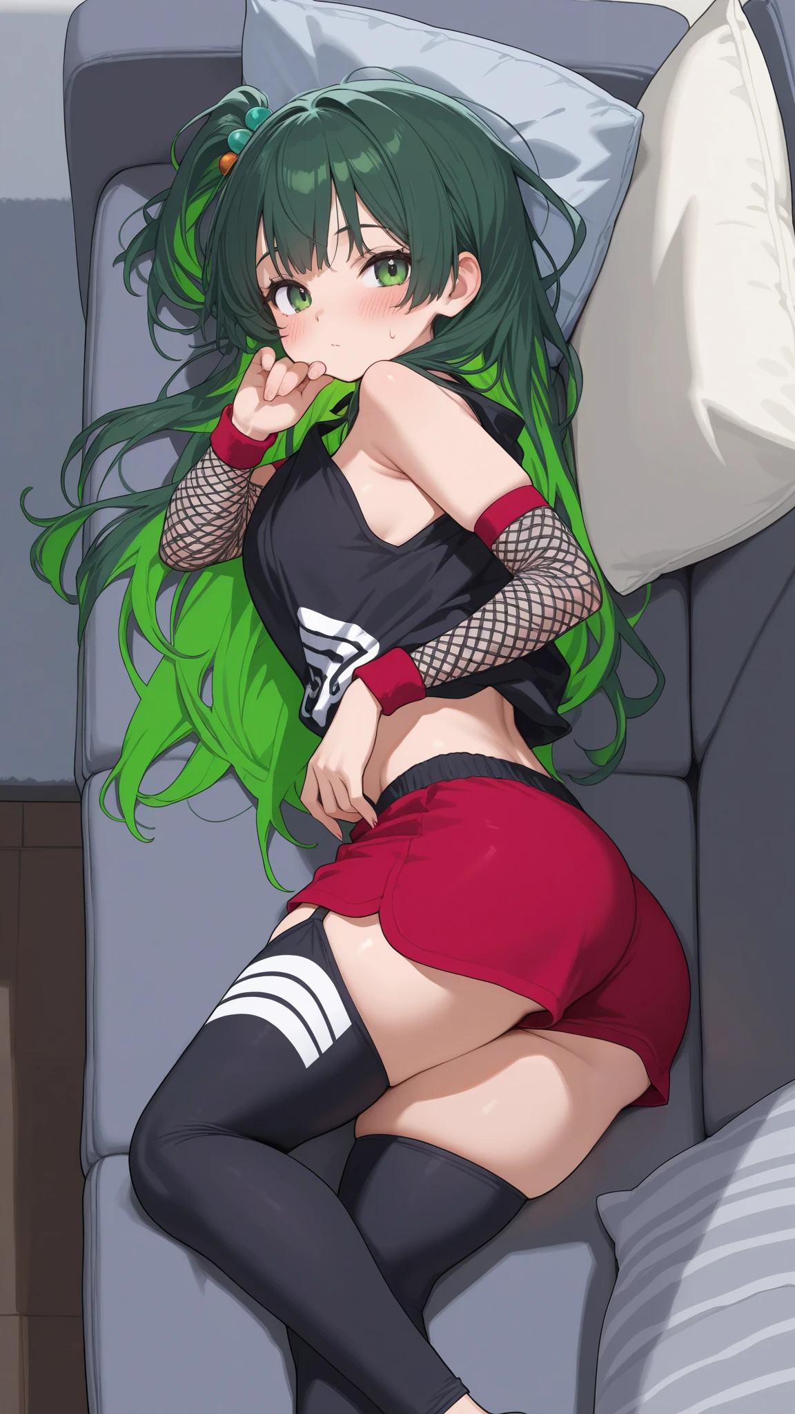 young kitten with green eyes, fluffy fur COLOR: black with STAINS: white, in a sexy pose, wearing a tight short jean shorts, and a black leather jacket, with a fluffy tail