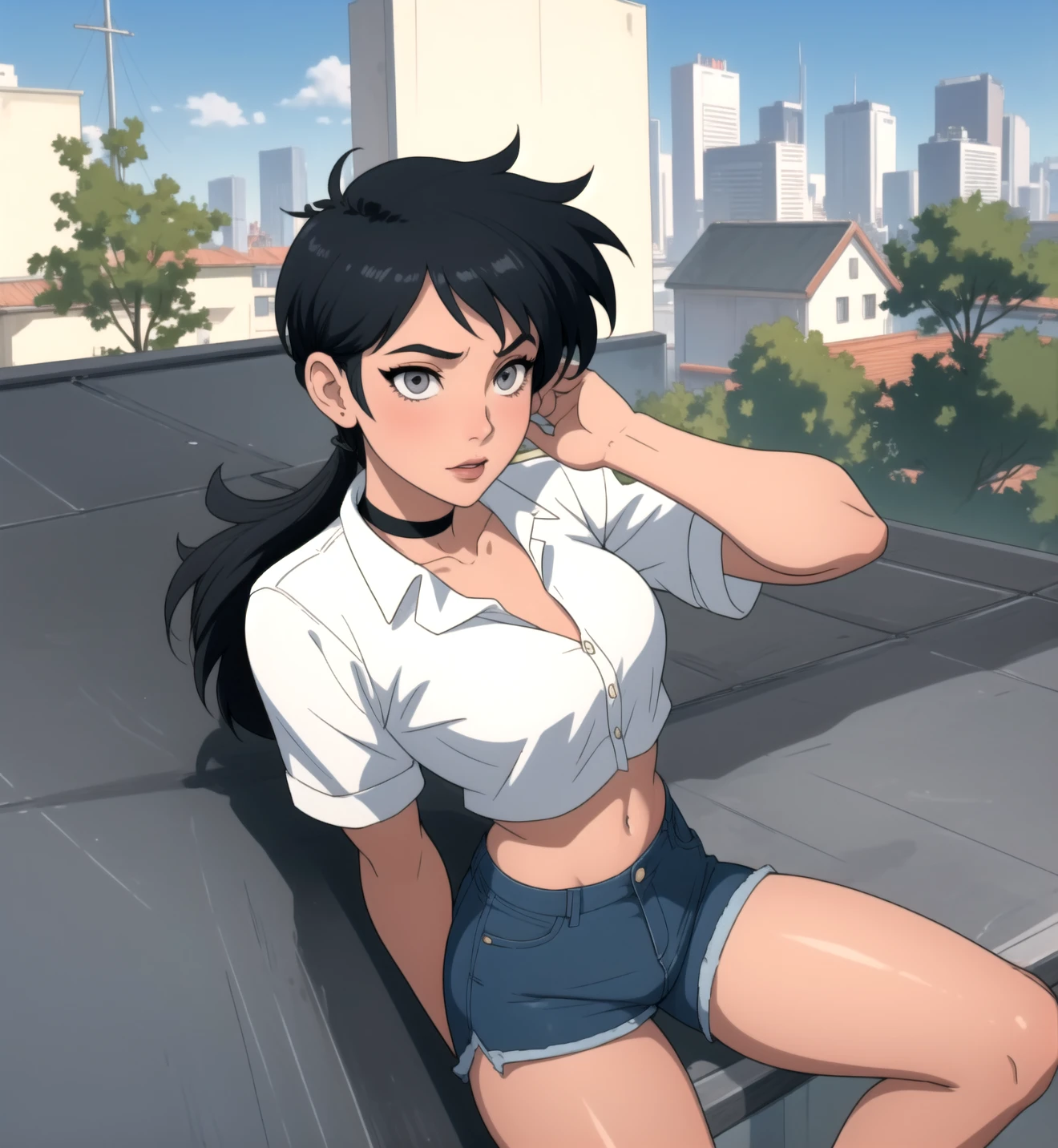 1 girl with short black hair and blue eyes, cleavage, and big breasts, wearing a plain white shirt, and denim shorts, in a city, looking at the viewer