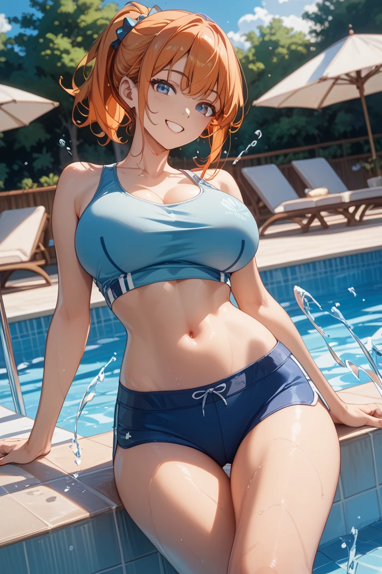 Highest quality detailed 8k 20th generation Shapely breasts Tight waist (Dark Skin) shame Smile Green Eyes Redhead ponytail Looking up from below (Sweat:1.0) Blue Bikini