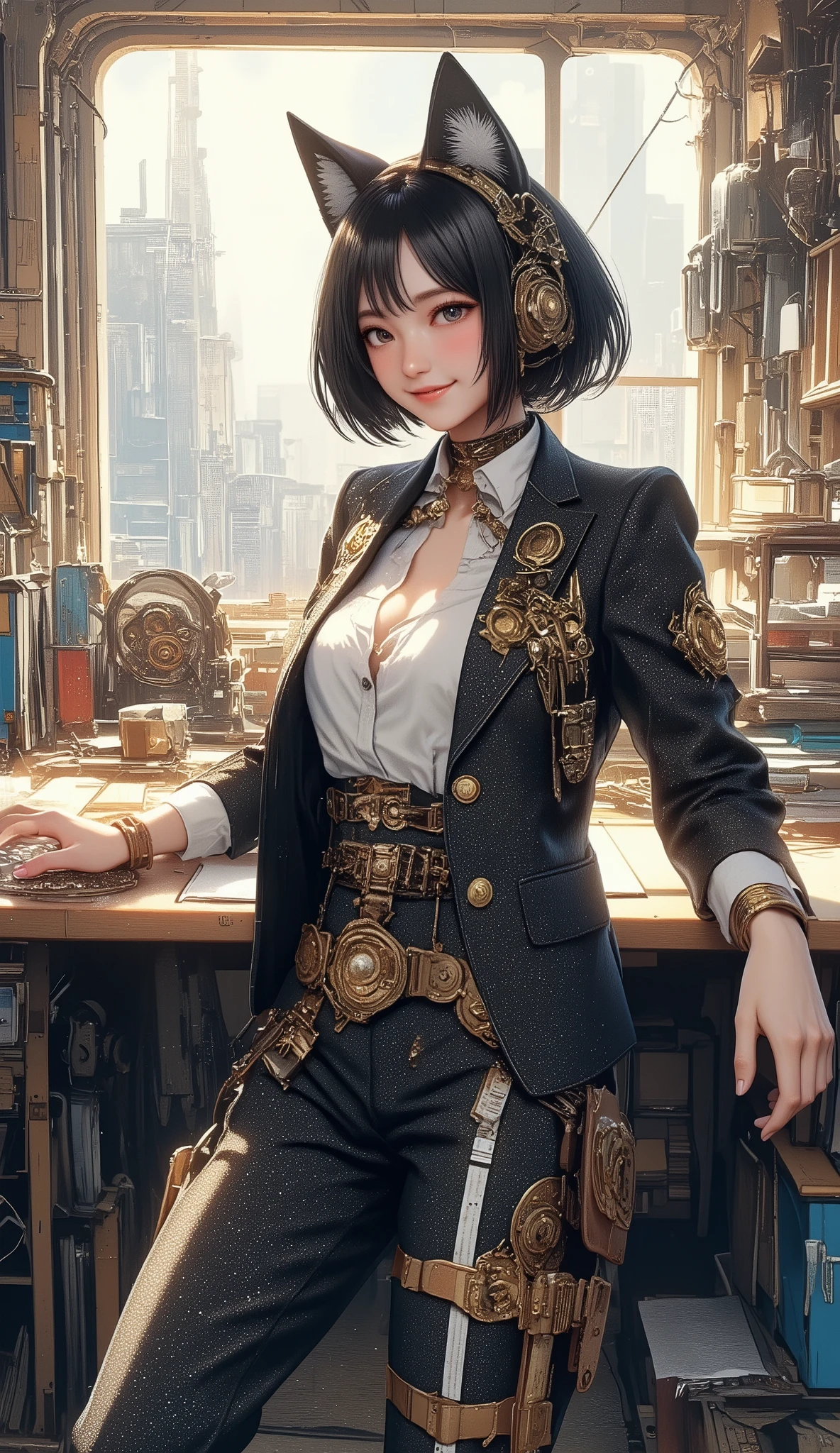 top quality, Super quality, 16K, incredibly absurd, very detailed, 2.5D, delicate and dynamic, A woman with pretty cat ears, enchanting smile, Working in the office, in a suit、amazing style, short bob cut hair, steampunk, DIESEL PUNK, clock punk , cyberpunk, Glitter effect, ((large breasts:1.2), (huge breasts:1.2), (Uplifted and well-defined bust:1.2), (lifted chest:1.2), (perky breasts :1.2),(deep cleavage:1.4),