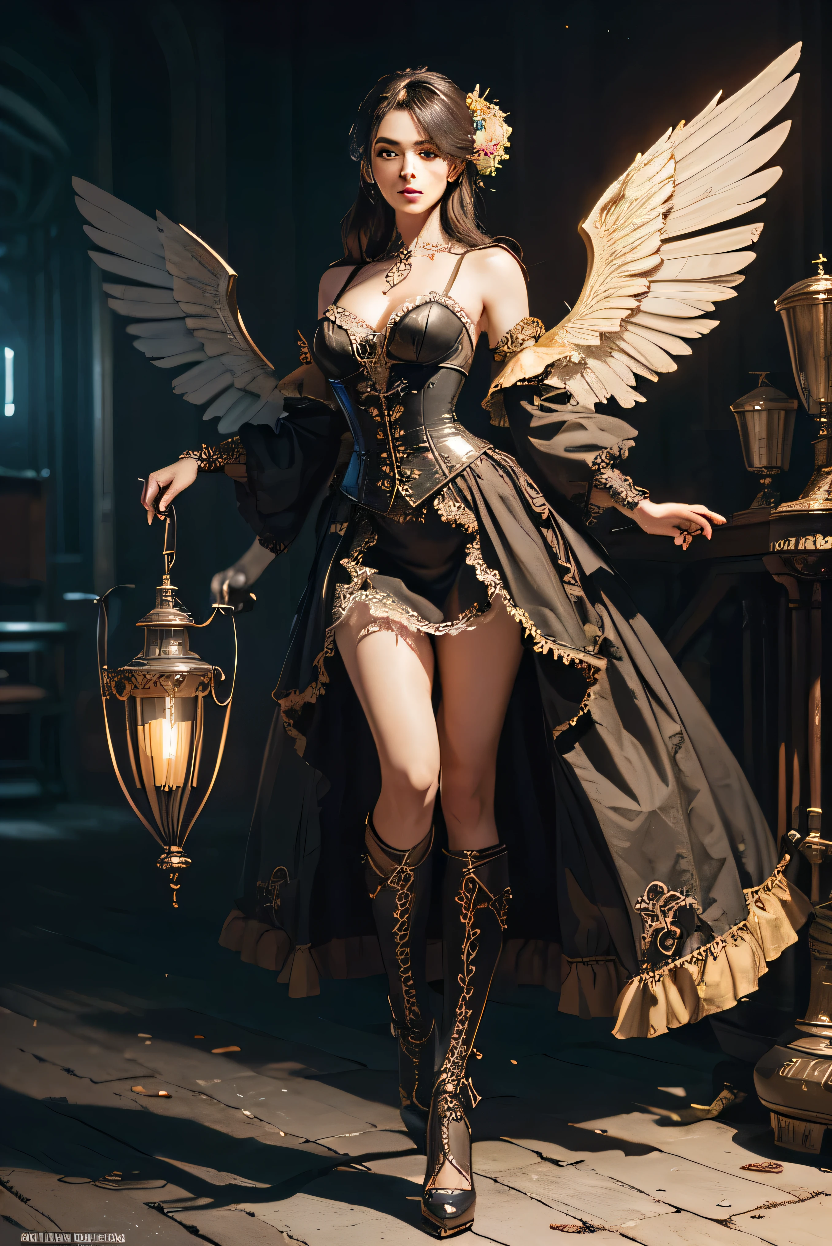 (Best quality,4K,A high resolution,Masterpiece:1.2),Ultra-detailed,(Realistic:1.37) Girl with mechanical parts, fullbody view in image, steampunk wind,Delicate clockwork details,Brass gears and gears,Beautiful and intricate design,(Mechanical wings),Glowing eyes and glowing tattoos,Colorful metal corsets and skirts,Elegant and elegant gesture,Industrial background with smoky atmosphere,Soft warm lighting,Vintage color palette,The human body and mechanical elements are perfectly integrated, reading a book.