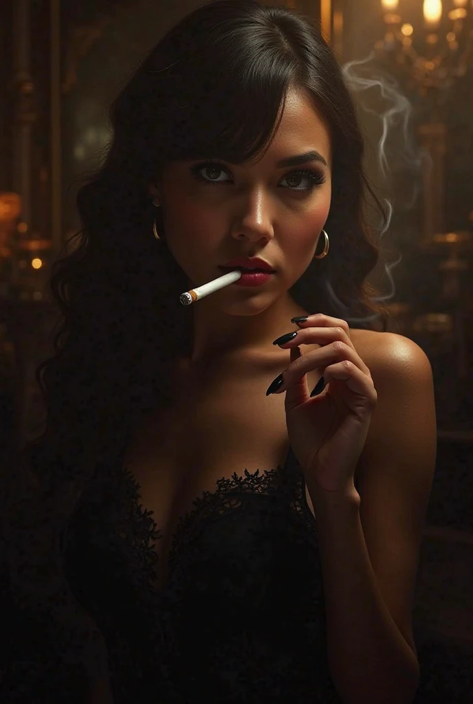 "Illustrate a hyper-realistic image of a gorgeous woman with a radiant smile, holding multiple cigarettes in her mouth and hands, her expression one of deep love and satisfaction. She is surrounded by thick, swirling clouds of smoke, creating an almost dreamlike atmosphere. The background is a dark, moody room with antique furniture and heavy drapes, where her passion for smoking is evident."