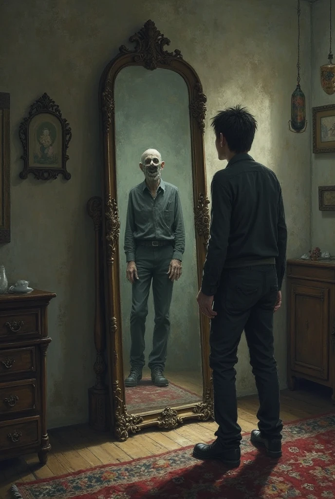 Image Scary or sinister old painting of a person looking in the mirror and seeing their reflection.