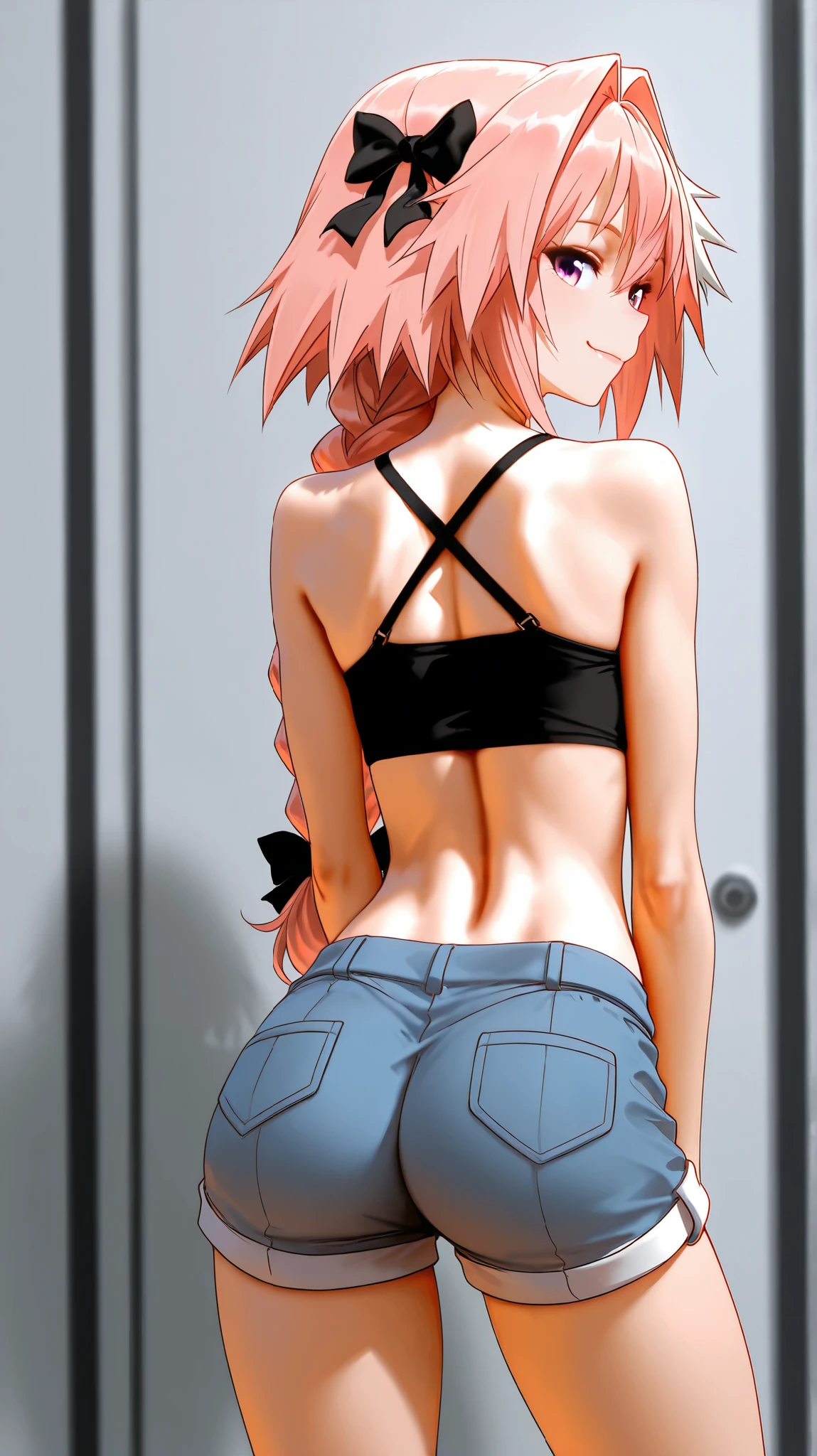 1girl, obra-prima, Best quality, incredible quality, Astolfo, cabelo rosa, bra-top, looking at the viewer, looking at the viewer, Standing rear view, kind smile, shorts, no quarto,