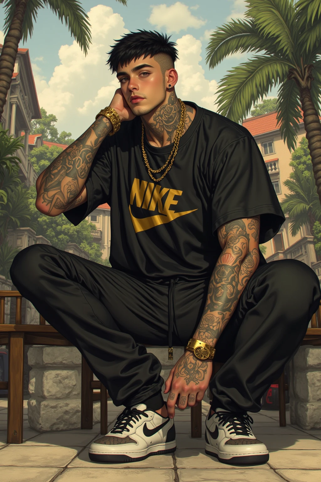 young arrogant scally chav guy with destroyed undercut blond haircut, crawling on the floor in jail , black eyed, bleeding nose, wearing only torn white LV muddy socks, holey soked toes , ripped holey torn golden 'LV' hoodies and sweatpants, crying showing off his gold and diamond grillz, long half broken golden nails