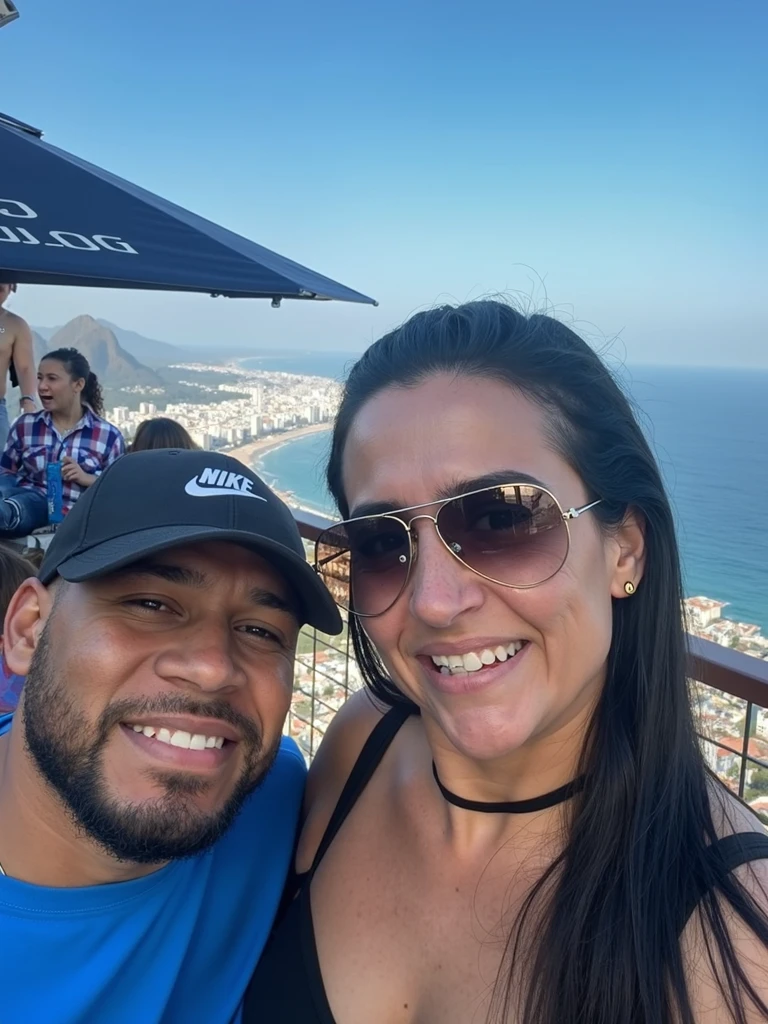 There are three people standing on a wall overlooking a city,com montanhas ao fundo, com uma cidade em segundo plano, com montanhas no fundo, rio de janeiro, com montanhas como pano de fundo, turistas em segundo plano, Moutain no fundo, com muitos viajantes, Directed by: Nandor Soldier, Cristo Redentor, Ruins in the background, Montanhas ao fundo