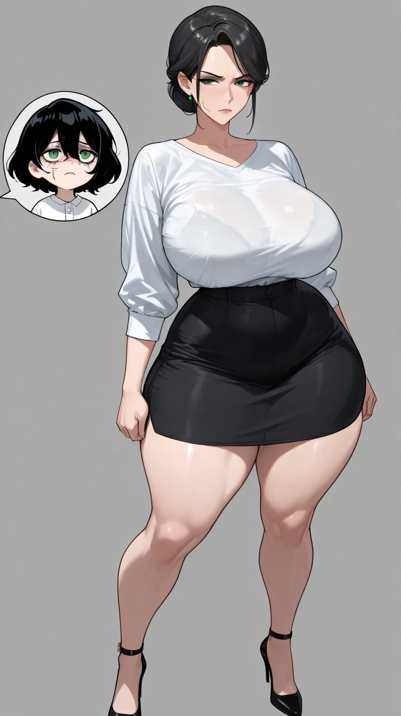 ((highres)), Masterpiece, high quality, best quality, beautiful, perfect lighting, detailed face, ultra cute face, ((1girl)), ((solo)), short black hair, messy hair, ponytail, green eyes, glasses, goth girl, ((blush)), worried, looking at viewer, black laced crop top, black leather pants, chocker, ((small breasts)), (wide hips) (thick thighs), pudgy, library, arms crossed,