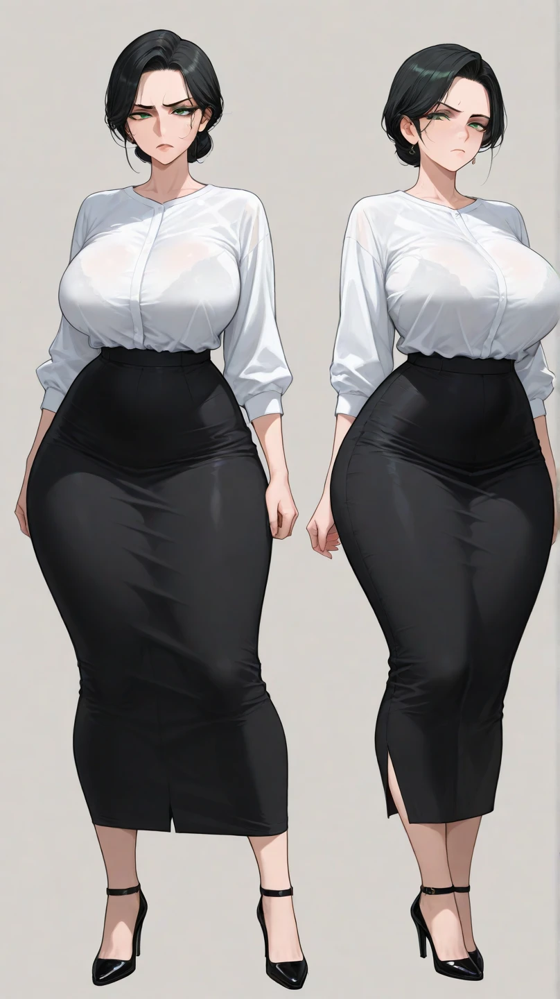 (back view, full body:1.4),(realistic illustration:1.3), A very beautiful Russian woman. 31yo, brunette, green eyes, short, perfect figure, small breasts,(smile).Black blouse, gray pencil skirt, high heels. Masterpiece, (highly detailed:1.2),(detailed face and eyes:1.2), 8k wallpaper, natural lighting. core shadows, high contrast, bokeh.(rule of thirds)