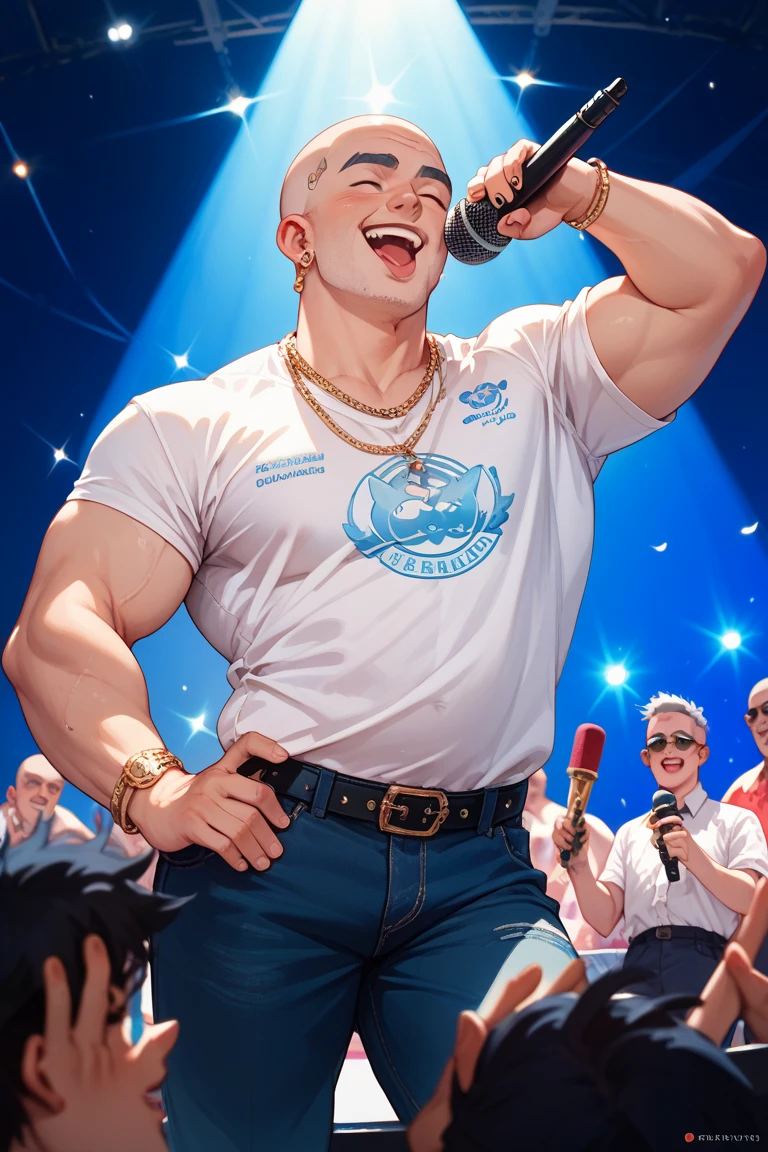 Cow, short beard, white hair, white king outfit with furry cape, holding microphone, huge chest, huge ass, malicious smile, blue eyes