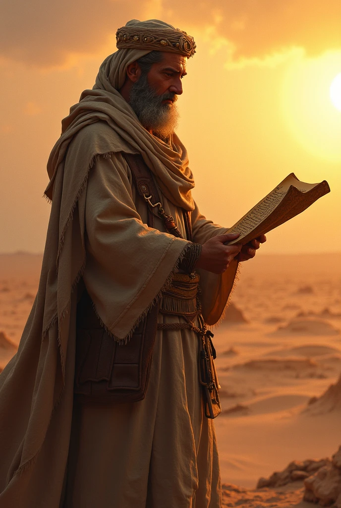 A poor old man is crying profusely behind Makkah and he is not wearing any clothes and he is also carrying junk and holding a book of Holy Quran in front of him.