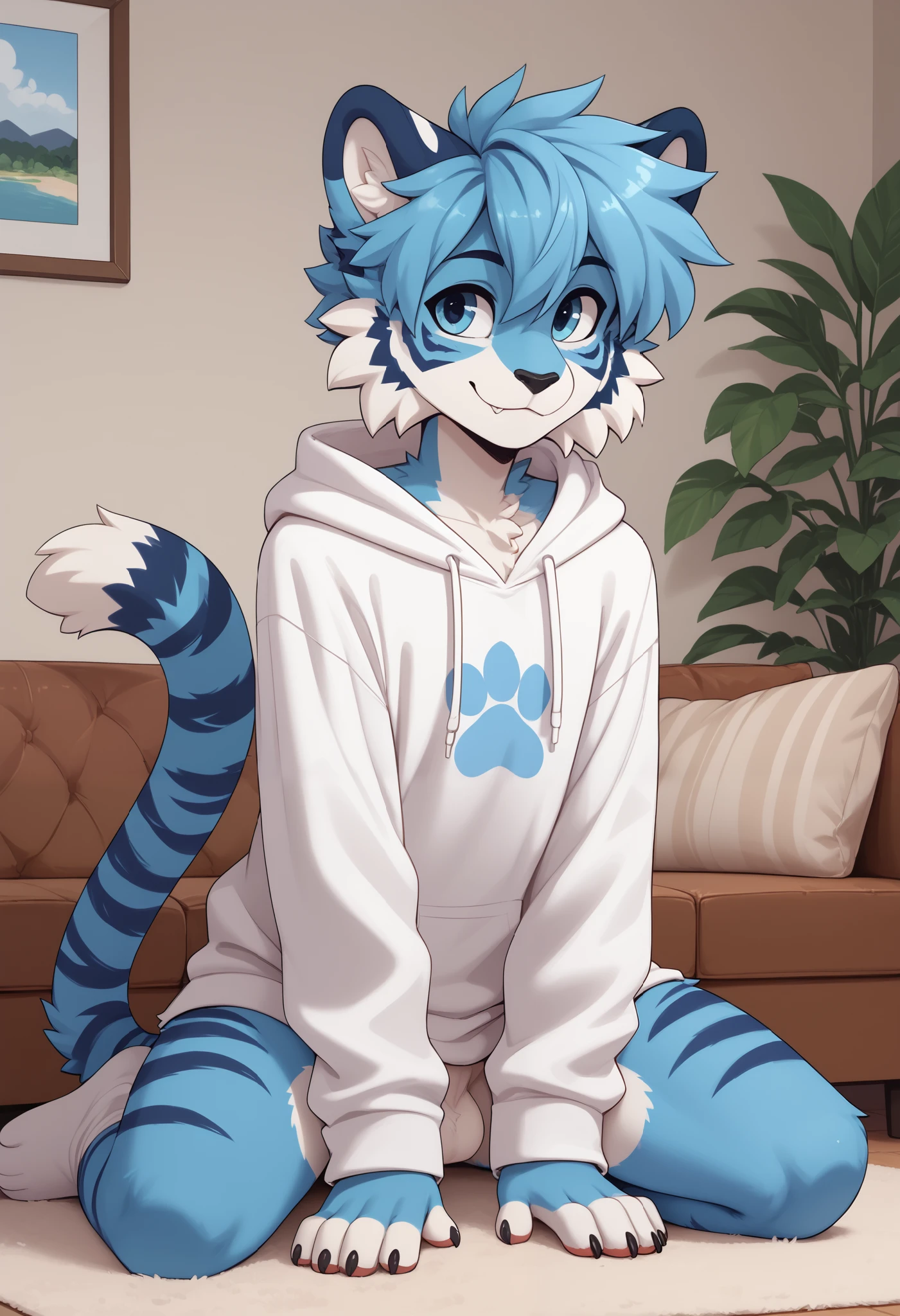 (Masterpiece) (High Detail) (High Res) A very short, slim, curvy and cute tiger Male with blue fur and fluffy blue tiger patterned fur and bright blue eyes and curvy effeminate shape and a thick fluffy stripy tiger tail and a flat chest and a large cock and balls. Bright Blue Fur. He is dressed in an oversized baggy hoodie and is kneeling on a sofa. He is wearing long thigh-high socks.