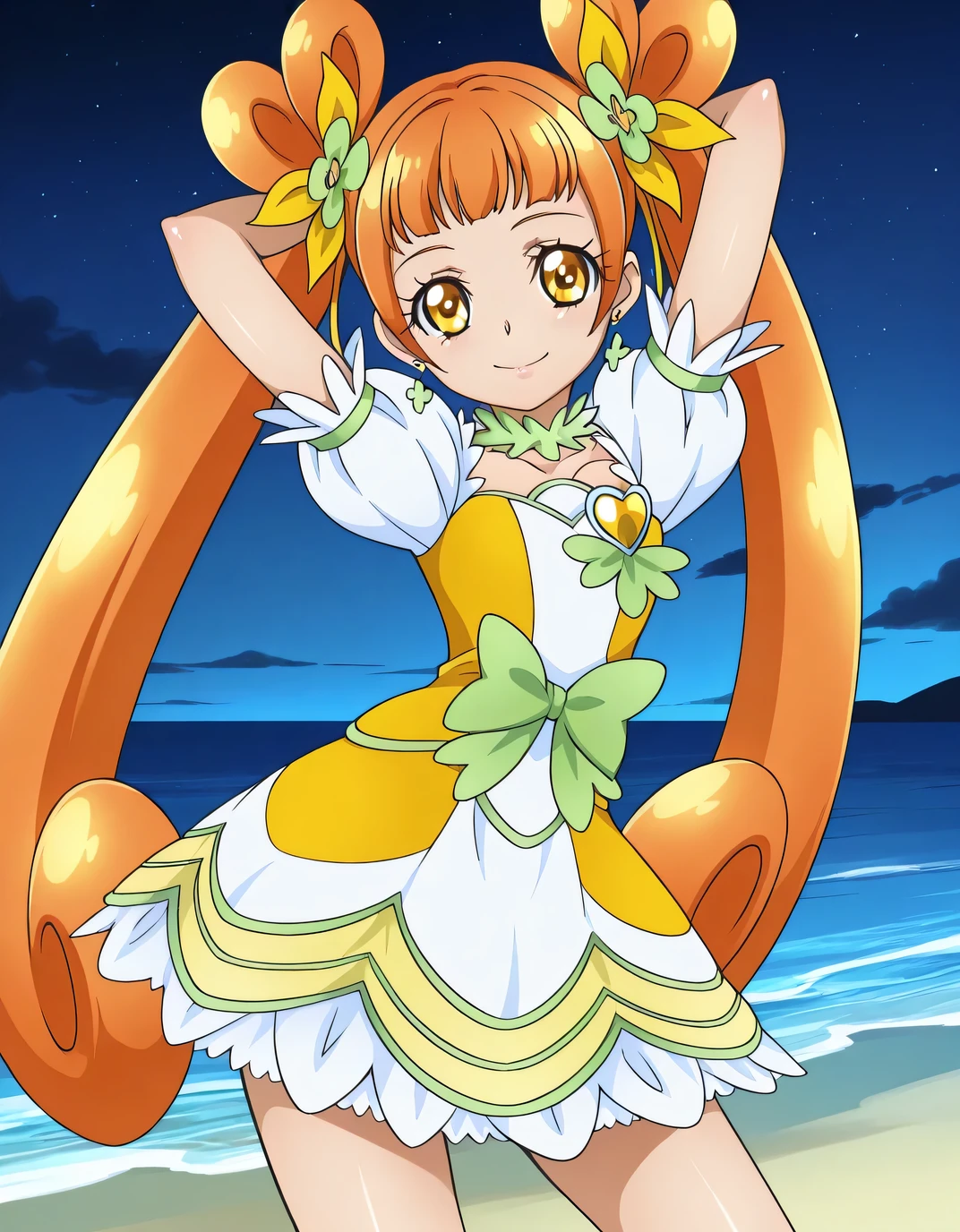 curerosetta, dokipri, shiny skin, source anime, shiny skin, high quality, solo, night sky, beach, hands behind head, ((contrapposto)), closed mouth, cowboy shot, looking at viewer, smile, best quality