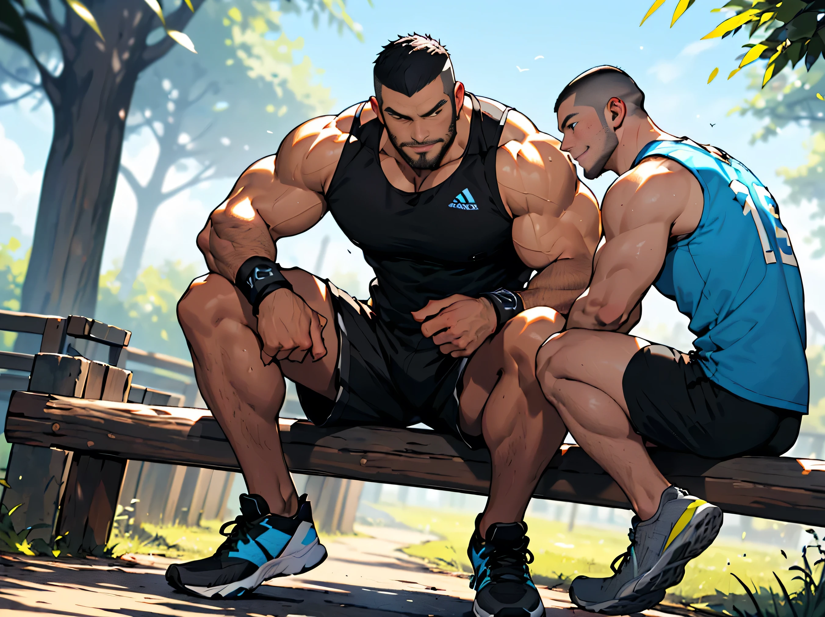 Masterpiece, best quality, full characters figure. Garth, a very giant muscular young man (in a black running shorts, skin-tigth black tanktop, black wristbands, black and white running-shoes, large shoulders, big pecs, big arms, v-shape, big legs, black hair, short beard) and his youngest brother Mark (in black running shorts, white tigth tanktop, black wristbands, white running-shoes, very lowest than Garth, slim but tough, black hair, short buzz-cut hairs, youngest, lowest, unbeard) after morning workout in the park are sitting side by side on a wooden banch. Garth is relaxed leaning his back against the backrest and smiling at his smallest and lower brother Mark that is visible tired bent forward with a elbow on his own leg and a water bottle in his hand. Mark is try to reach Garth. Garth give a little look back with a soft gentle smile but resolute eyes. Frontal image of the 2 characters.