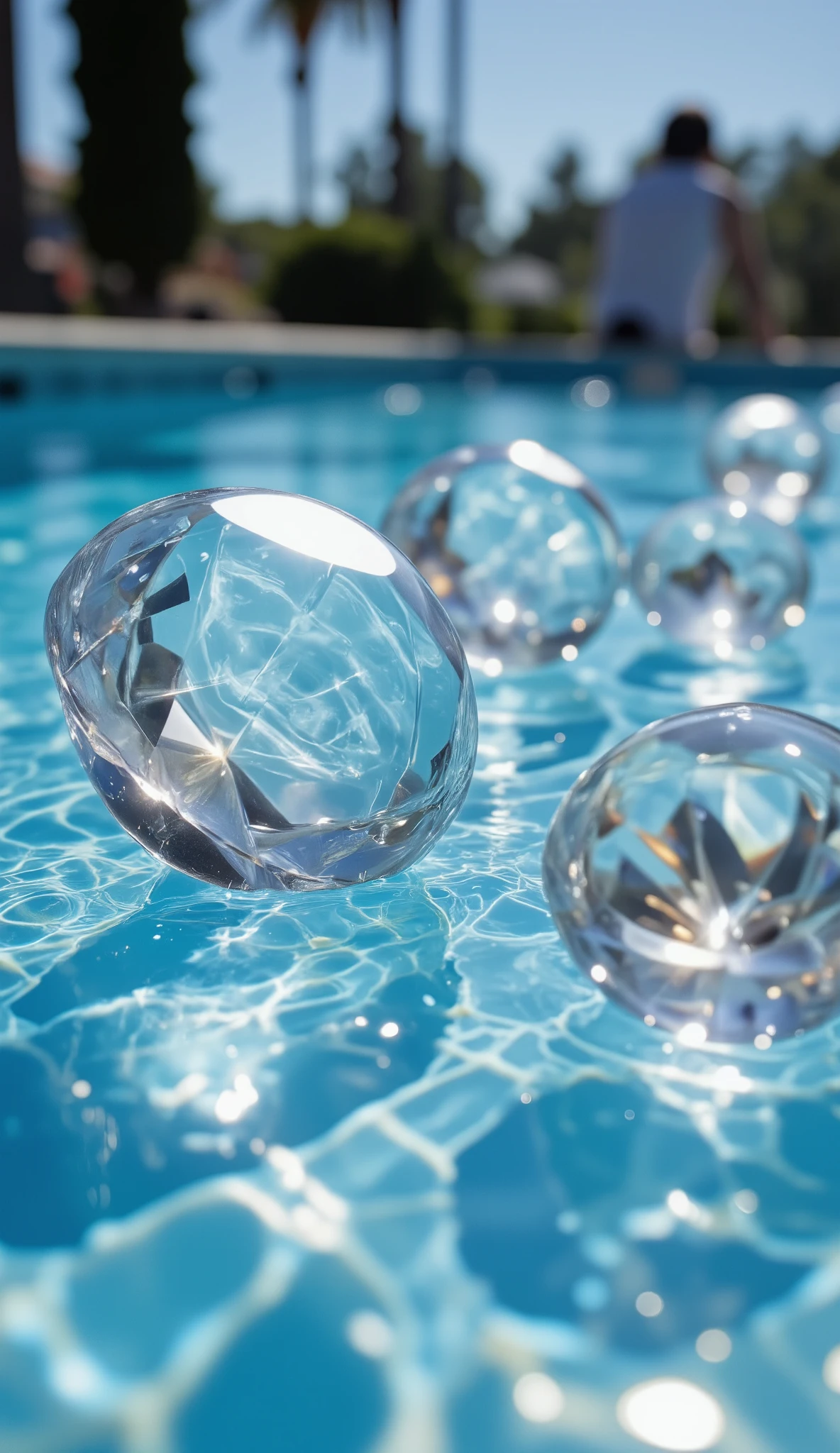 in high-definition images、beautiful images of crystals、poolside、blue stylish elegant and crystal shaped gemstones、sparkling crystal details、それはpoolsideの水辺空間、 sunlight、Focus on gemstones、Glass Texture 、light reflection、pool water in the background and the sparkle of gemstones。