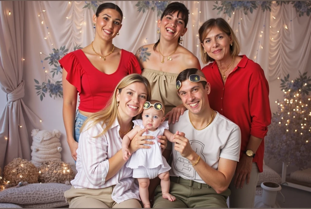 Make a cartoon family picture that consists of grandparents with their granddaughter and grandson with their 1 mommy and their mommy's siblings 2 girls and 3 boys 