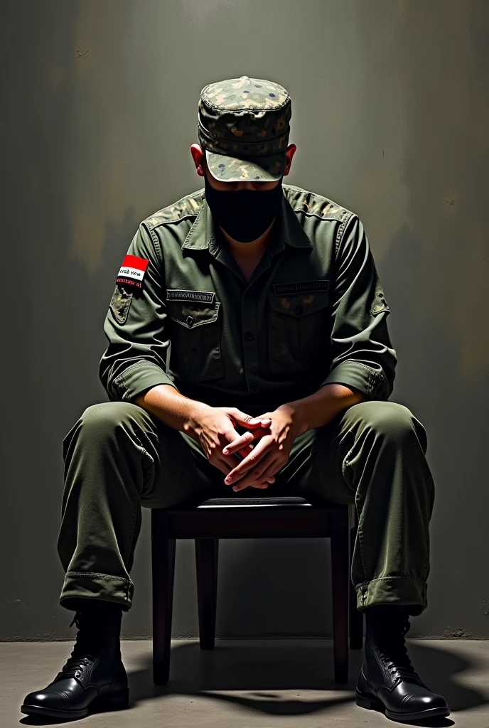 Militar sentado sem capacete estudando mapas sentado em uma cadeira, farda negra camuflada