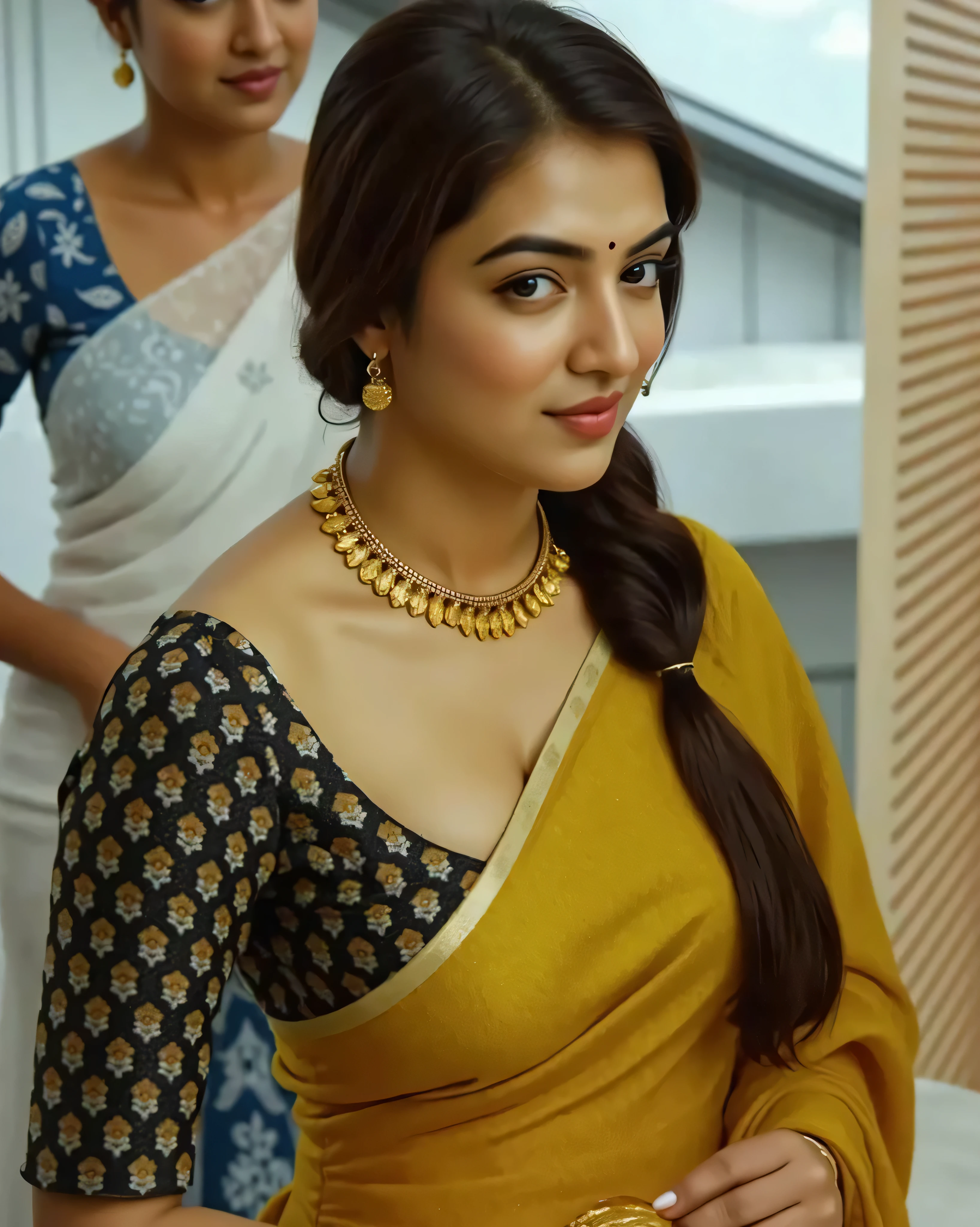 'A highly detailed, ultra-realistic digital painting of a lean, curvaceous South Asian woman, lying seductively on a long, pristine white bed in a slightly wider shot. She wears a vibrant red saree, draped provocatively low on her hips to reveal her low hip, toned, glistening navel, and a subtle waist fold. Her blouse, a low-neck design with front hooks, accentuates her seductive cleavage, highlighting her lean yet voluptuous curves and slender hourglass figure. The saree fabric clings to her body, emphasizing her alluring armpits, sexy long wet legs, and sexy bare feet with detailed toes. Her skin glows with a light sheen of sweat, adding to her natural, sensual charm. She lies on her side, propped up on one elbow, her long, dark hair cascading over her shoulder, and a warm, inviting smile on her face (face smile:1.5). The scene is bathed in soft, warm bedroom lighting with a subtle glow from a bedside lamp, casting gentle shadows that enhance her contours. Rich textures of the saree, intricate jewelry adorning her neck, wrists, and ears (1.3), and a delicate navel chain complete the look. Photorealistic (1.7), hyper-realistic, and anatomically correct, this full-body image captures her as the epitome of elegance and seduction in a tranquil, intimate bedroom setting with a modern, homely aesthetic, featuring a wooden headboard and soft pillows in the background.'
