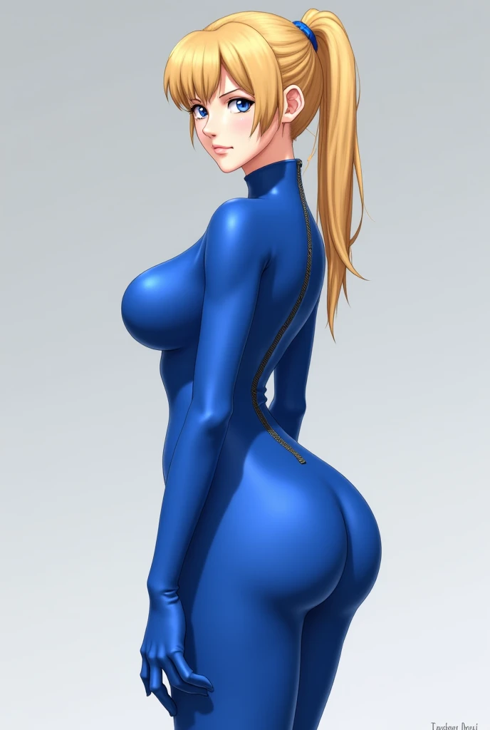 Samus Aran with ponytail hairstyle with large breast in blue long tight dress in the big hall with her back to screen