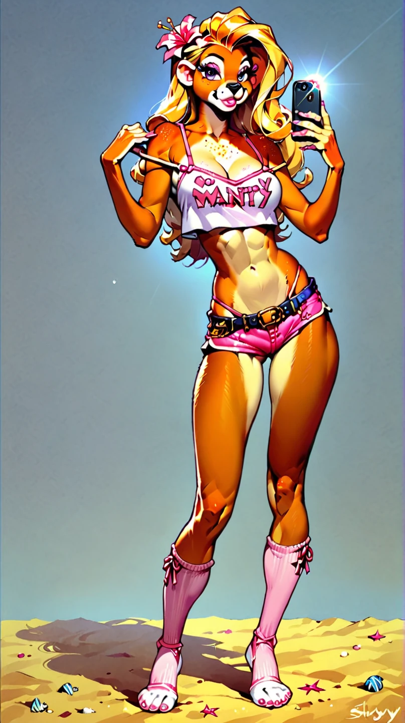 Single Anime female, Short, Long white hair, wolf ears, wolf tail, blue eyes, wearing short denim shorts, thigh high fishnets, black combat boots, wearing fur lined open pink jacket, flat chest, super flat chest, wearing cropped t-shirt, solo thicc thighs, wide hips, blue eyes, perfect eyes, perfect face, (((wearing santa hat)))