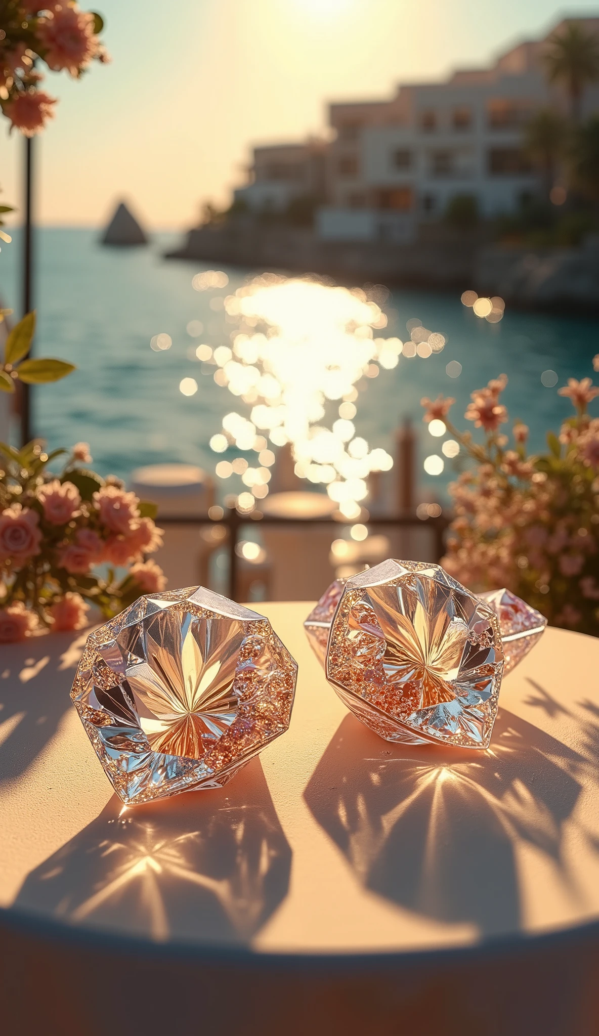 High Definition Images、Beautiful Crystal Images、Seaside Table、Stylish Elegant Diamond-Like Gems {x} Stylish Elegant Diamond-like Gems、Sparkling Crystal Details、It's a Waterside Space、sunlight、Focus on the Gems View from the Table、light reflection、Shimmering of the Sea and the Sparkling Gems in the Background、Streetscapes of Buildings and Homes Across the Ocean。