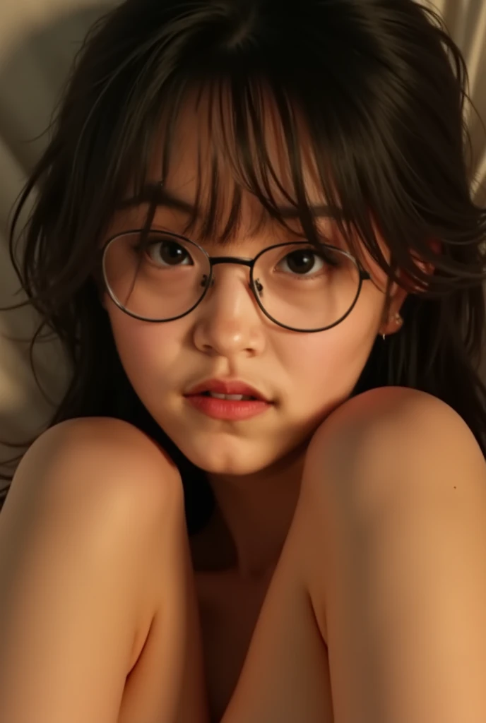 Cute (( teenage girl(looking up at you)) sitting in bed ((covering her naked 16 year old body with your bed sheets)), ((wearing glasses))