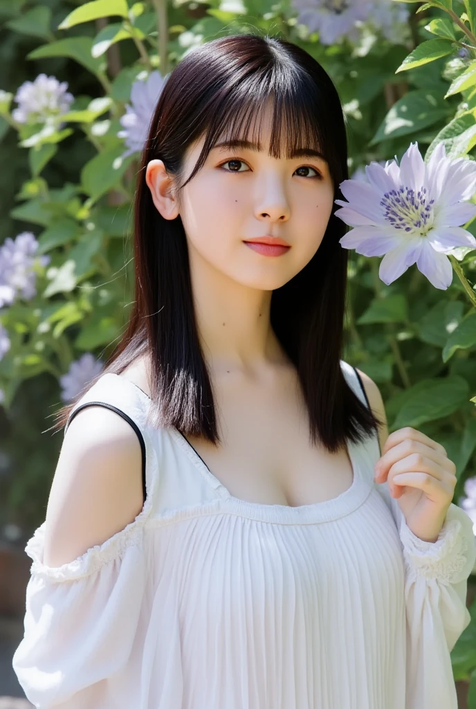 (A logo、masterpiece、8K、masutepiece、Raw photo、Fantastic、Best Quality、フォトリアリスティックでighly detailedな CG 統合 8k 壁紙、hightquality、ighly detailed、epic poem、Particle effect、Dynamic effects、depth of fields、Cinematic Light、Lens Flare、Ray tracing)、Fantasia、 (Beauty 1 person、doress、Dress、Cherry blossom pattern、A dark-haired、Beautiful face、Real Face、beautiful details eyes beautiful skin)、髪がthe windで踊る、Hair flutters in the wind、Hair jumps、Pink cherry blossom tree、Petals flutter、Sakura blizzard、Superb view、morning glow、Sun in the background、the wind、