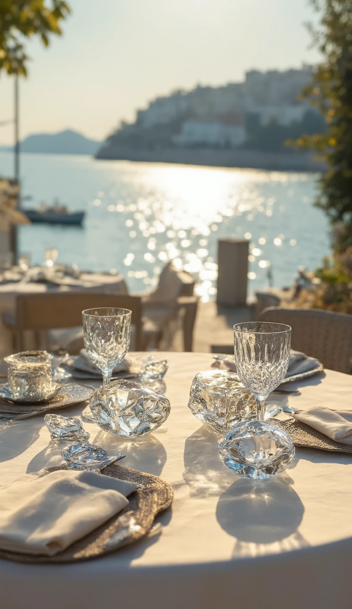 Hi-Res Image、Picture of the ocean and sparkling jewels in the morning、Seaside Table、stylish and elegant diamond-like gemstones {x} stylish and elegant diamond-like gemstones {x} stylish and elegant diamond-like gemstones {x} stylish and elegant diamond-like gemstones、Sparkling Crystal Details、Waterside Spaces、soft sunlight、focus on the view of the gemstone from the table、light reflection、sparkling ocean and sparkling jewels in the background、Streetscapes of Buildings and Homes Across the Ocean。