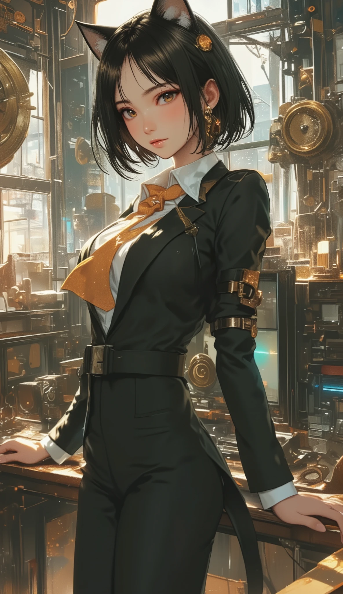 top quality, Super quality, 16K, incredibly absurd, very detailed, 2.5D, delicate and dynamic, Sexy cat girl, serious expression, Working in the office, in a suit、amazing style, short bob cut hair, steampunk, DIESEL PUNK, clock punk , cyberpunk, Glitter effect, ((large breasts:1.2), (huge breasts:1.2), (Uplifted and well-defined bust:1.2), (lifted chest:1.2), (perky breasts :1.2),(deep cleavage:1.4),