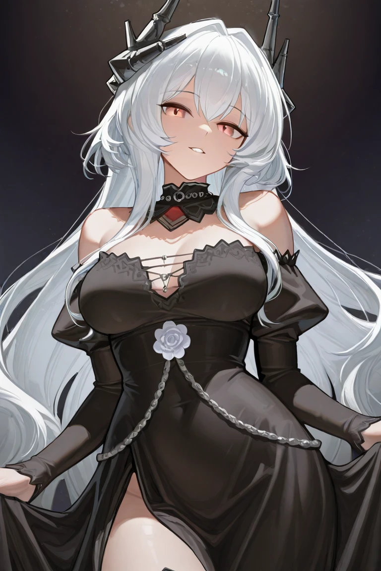 Mature woman, perfect eyes, long white hair, messy hair, yellow eyes, normal breasts, clevage, black gothic dress, sexy woman, elegant woman, black eyeliner, puff dress, ruffles and laces, black lipstick, sexy pose, in the living room, sexy smile, beautiful.