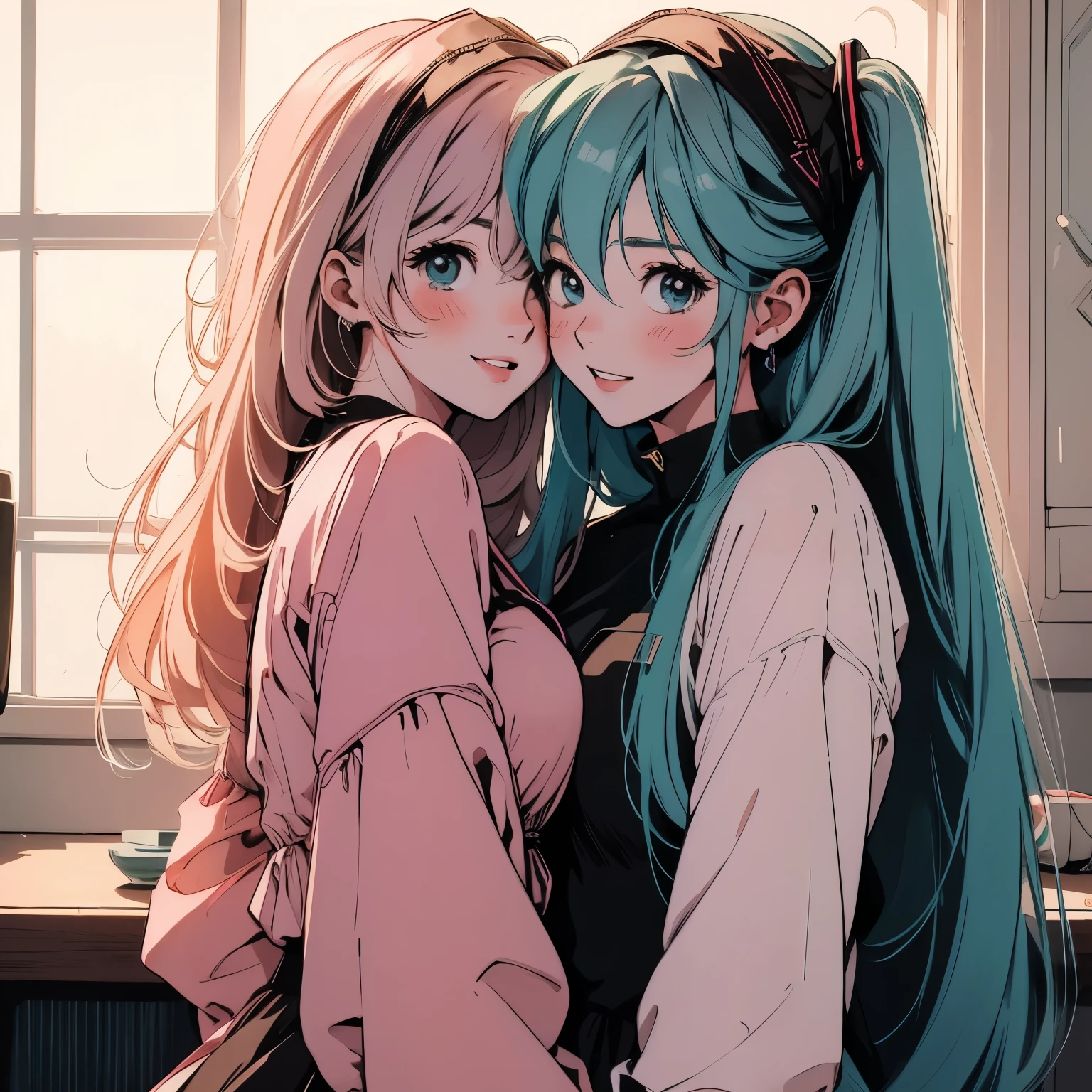 hatsune miku,Megurine Luka,2 girls,high definition, long hair, and looks, blush, smiles, opens her mouth, top quality, hugging each other,sitting