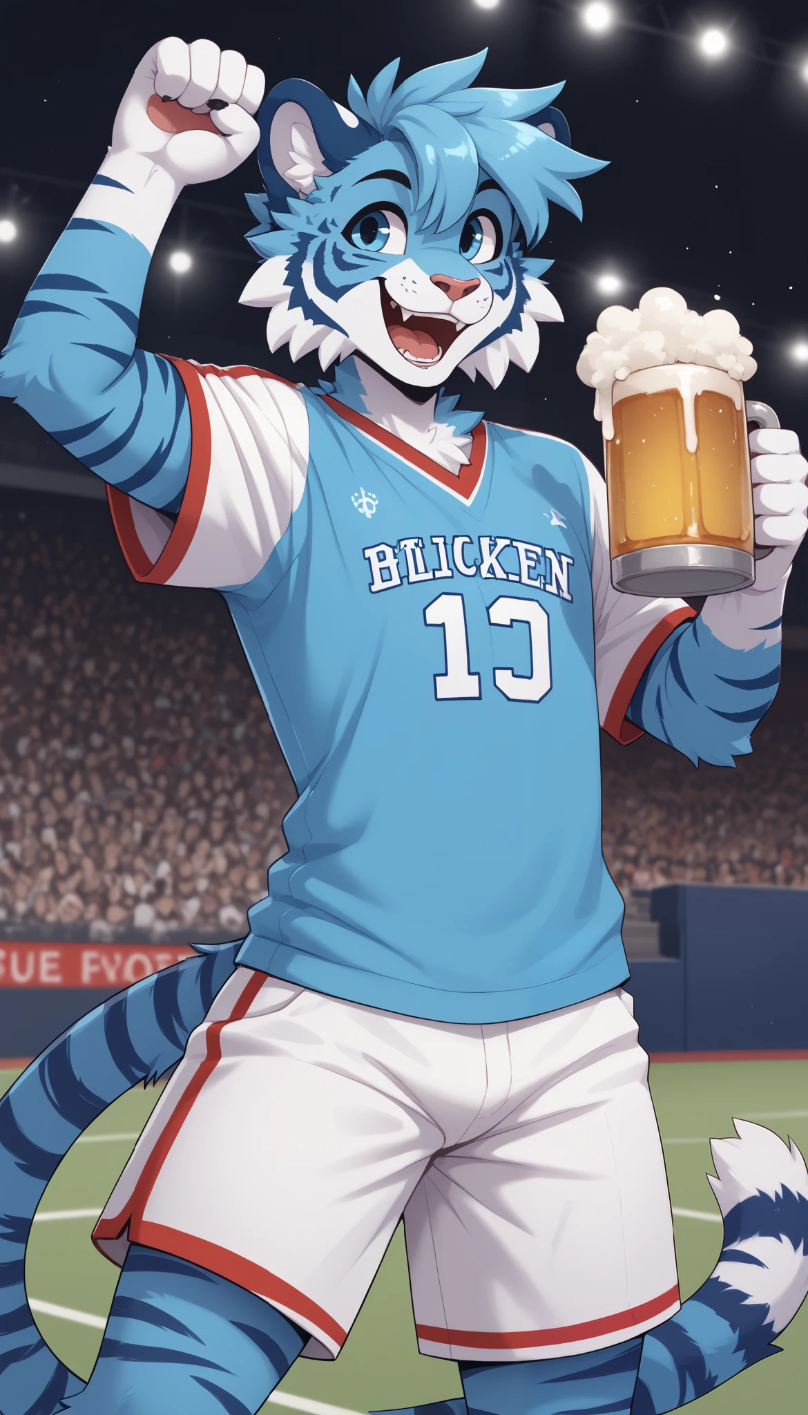 (Masterpiece) (High Detail) (High Res) A very short, slim, curvy and cute tiger Male with blue fur and fluffy blue tiger patterned fur and bright blue eyes and curvy effeminate shape and a thick fluffy stripy tiger tail and a flat chest. Bright Blue Fur. He is dressed in an oversized hockey jersey and is holding a beer and cheering.
