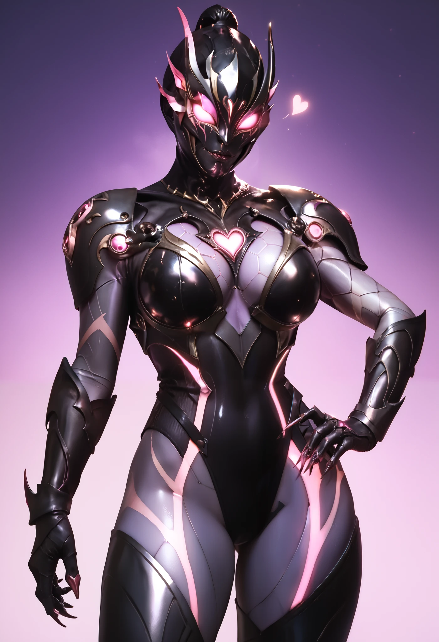 Ultraman Style Girl. Covered in black and purple skin. Black metallic full mask. Villain eyeshadow. Pink lines. Glowing crystals on chest. Sharp claws. Firm breasts. Curved waist. Thighs. Inorganic face. Armor-like skin. Honeycomb-patterned skin. Humanoid insect. Mechanical tentacle. With tentacle. A glowing pink heart tattoo. Biological light-emitting organ.