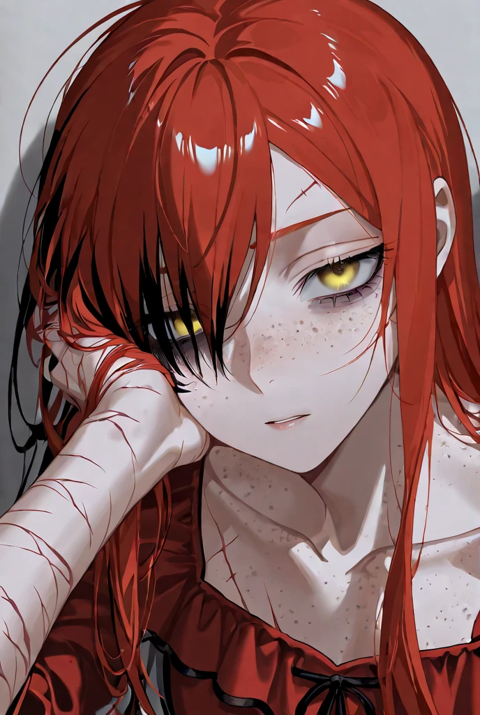 anime girl. Red hair. yellow eyes. Pupils surrounded by rings. smoking a cigarette