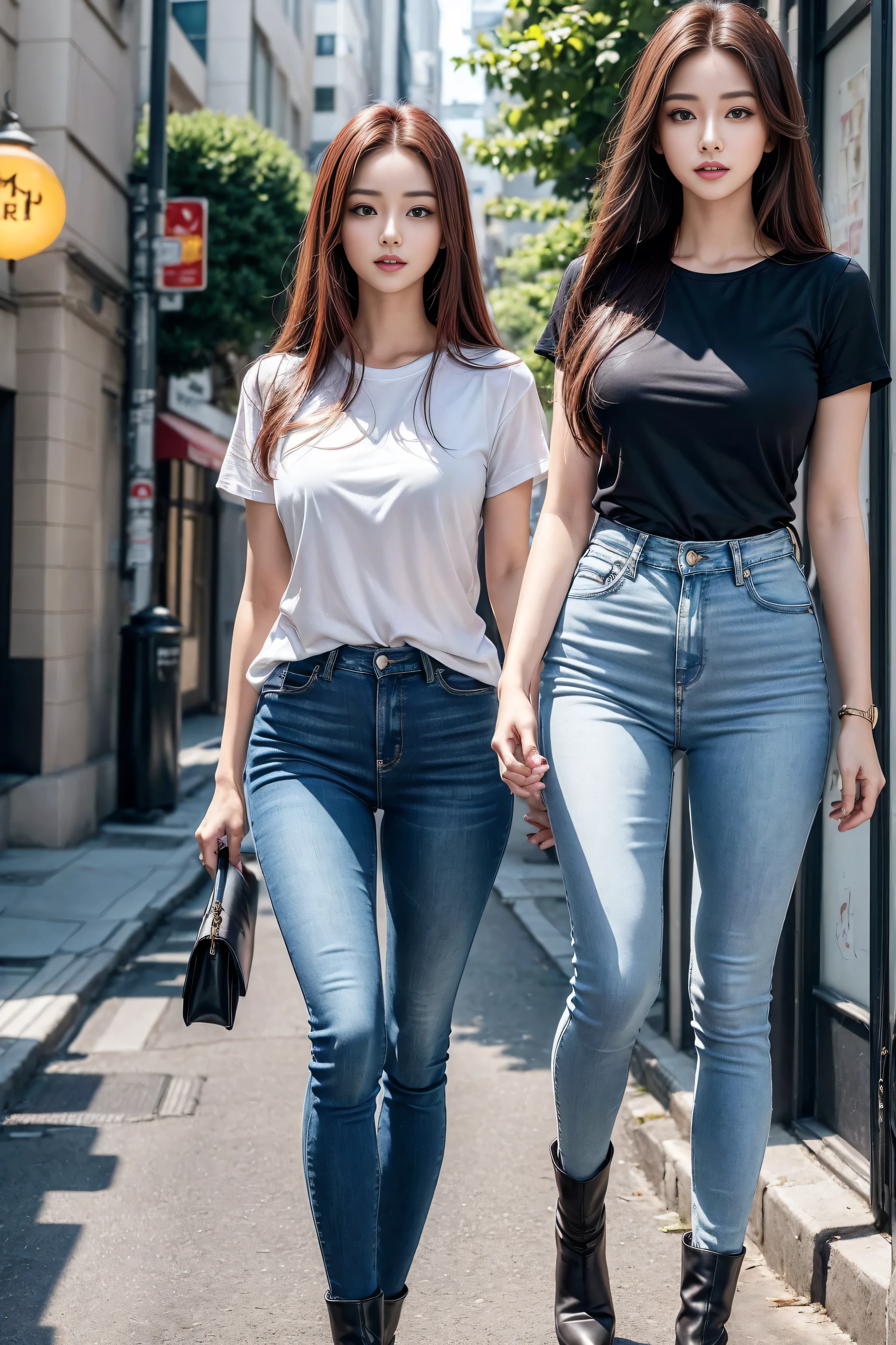 ((Realistic lighting, best quality, 8K, masterpiece:1.3)), Lock focus:1.2, 2 girls, Beautiful Women in Perfect Shape:1.4, : Beautiful Korean girl, Korean Idol，Leg length，(Pale skin), (big eyes),（Smile：0.8），（Plump and sexy lips）， Complex and detailed face, ((Super delicate skin))，Delicate face，Super thin face，Squinting，Double eyelids，((Dark red hair)), (Open collar shirt）,Background Shibuya street，Large depth of field，Super thin face，Squinting，Double eyelids，（Start from below：1.attitude，（Medium chest：1.2），Sexy long legs， （Thigh gap：1.5），Wide hips，S-Shaped Body， Hip lift，Leg length，Light blue skinny jeans，Full body proportions from the front，Long over-the-knee leather boots，