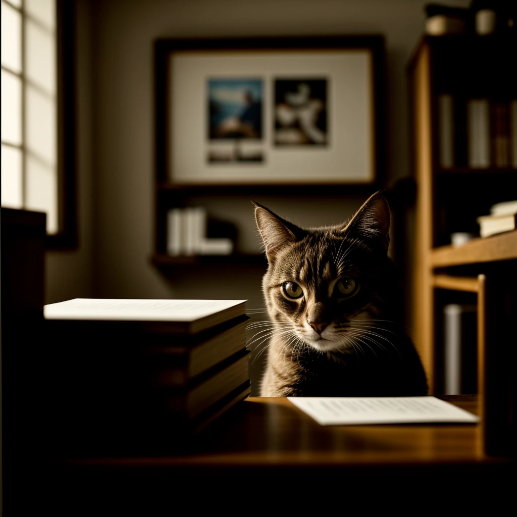 masterpiece, best quality, cinematic photo of chat à son bureau, il est surchargé de travail,
, photograph, film, highres