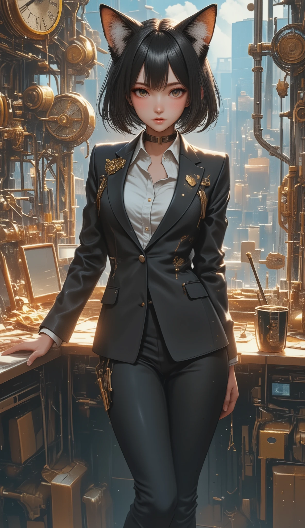 top quality, Super quality, 16K, incredibly absurd, very detailed, 2.5D, delicate and dynamic, Sexy cat girl, serious expression, Working in the office, in a suit、amazing style, short bob cut hair, steampunk, DIESEL PUNK, clock punk , cyberpunk, Glitter effect, ((large breasts:1.2), (huge breasts:1.2), (Uplifted and well-defined bust:1.2), (lifted chest:1.2), (perky breasts :1.2),(deep cleavage:1.4),